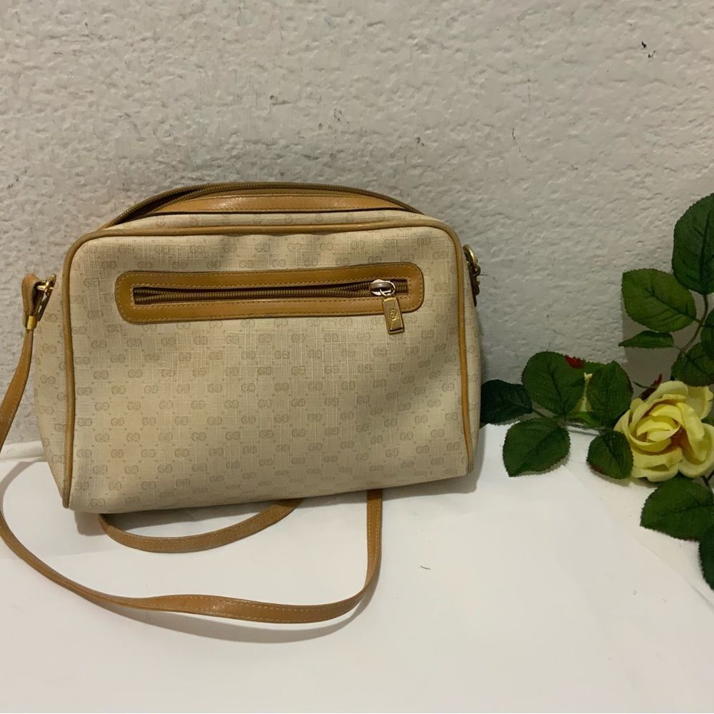 Vintage Gucci Leather Canvas Monogram Crossbody Purse Handbag Made In Italy